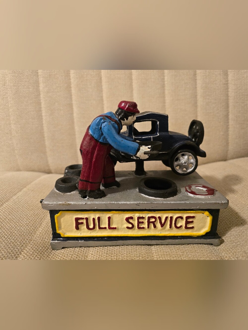Vintage Cast Iron Full Service Mechanical Coin Bank Garage Auto Repair Shop
